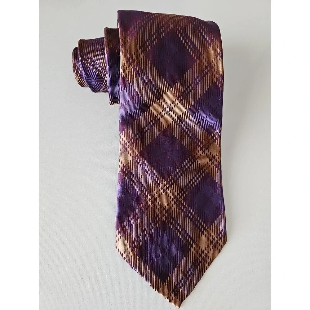 Paul Stuart Brown‎ Purple Plaid Design Handmade 100% Silk Neck Tie Made in Italy